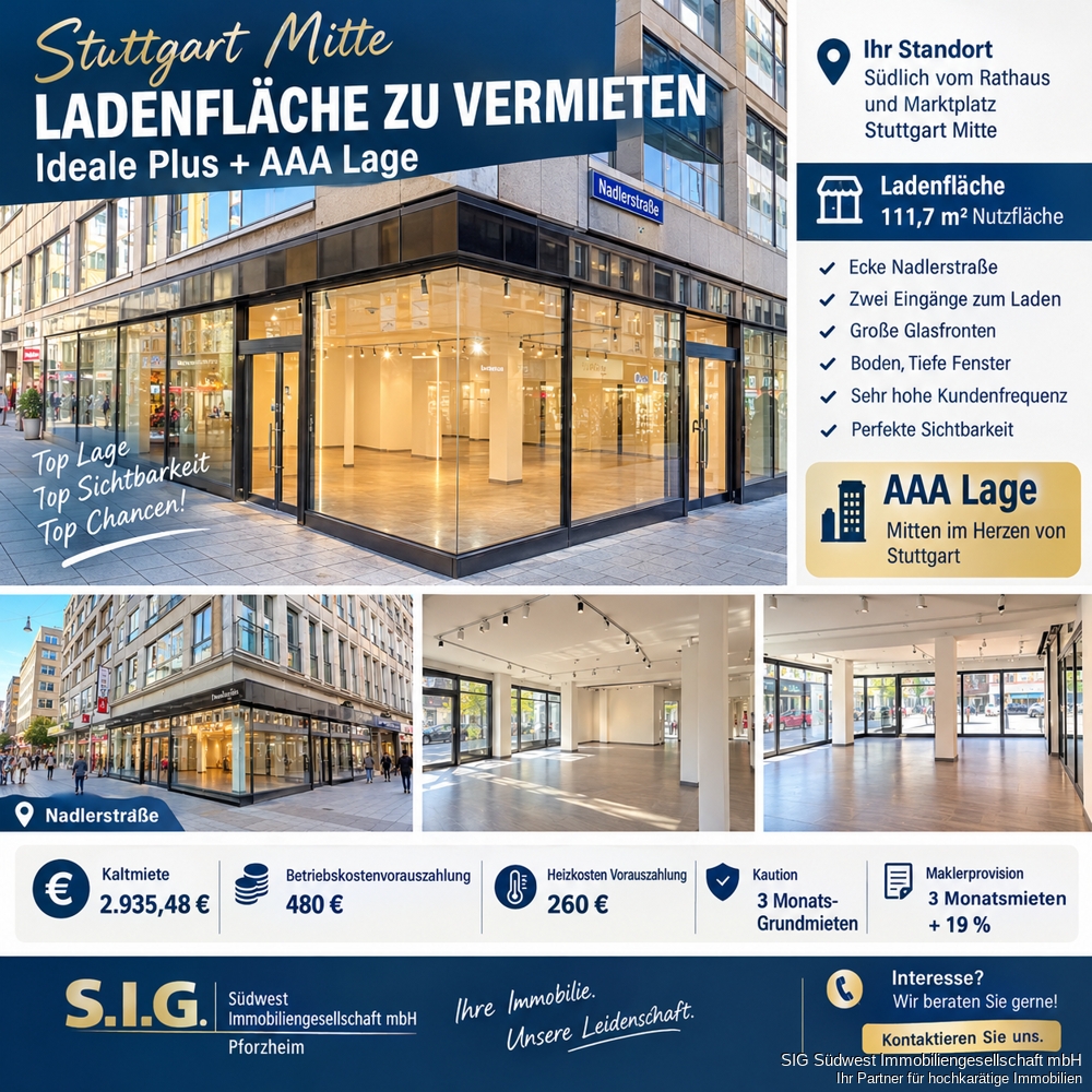 Zentrales Einzelhandel - Laden 112 m ab Sofort zu vermieten
in Stuttgart AA+ Lage Fussgängerzone